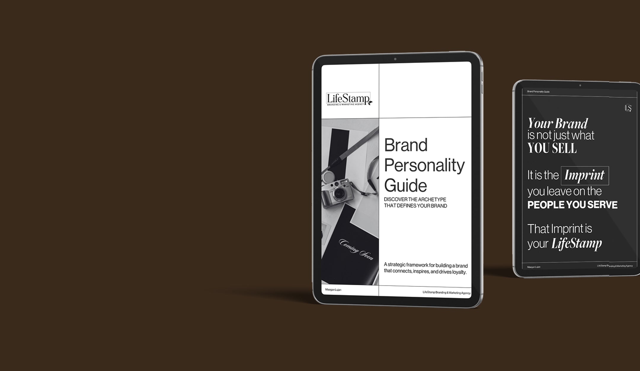 Two tablets displaying a 'Brand Personality Guide' on a dark background