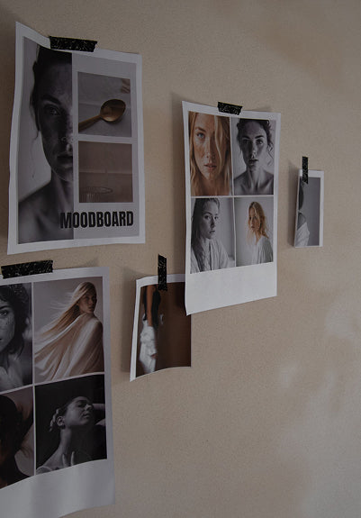 Collage of photos on a wall with 'Moodboard' text