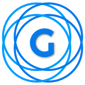 Blue circular logo with a central 'G' on a white background