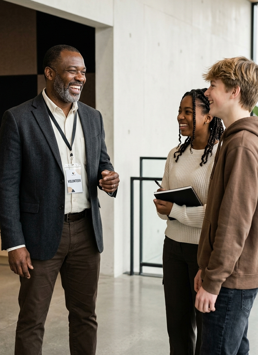 Three people standing and talking in a modern indoor setting