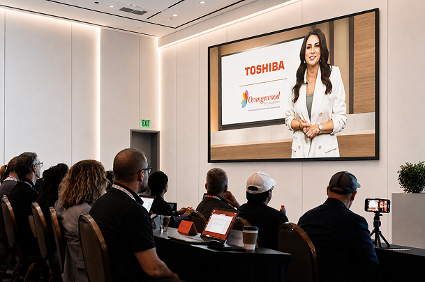 Conference room with people watching a presentation on a Toshiba screen.
