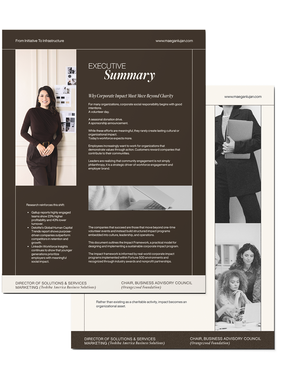 Executive summary page with a woman in a black suit and another in a white shirt, holding a document.