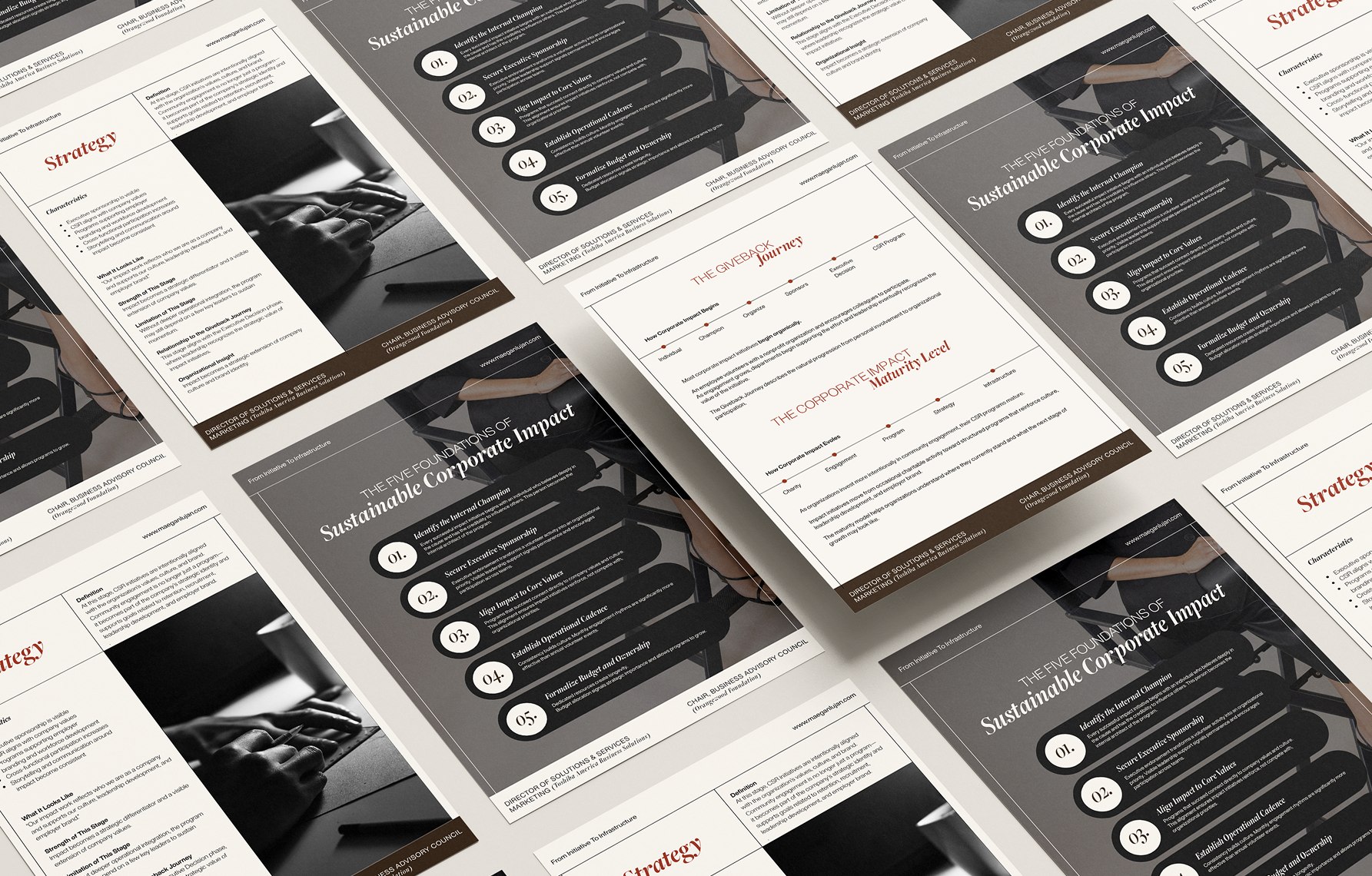 Collection of printed pages with text and images on a white background