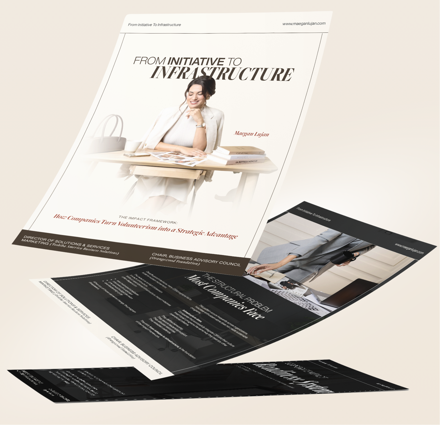 Open magazine or book with a woman at a desk on a beige background