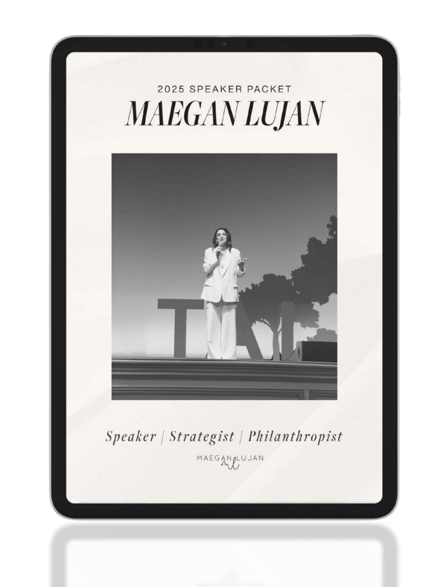 2025 Speaker Packet for Maegan Lujan with a black and white photo of a woman in a suit.